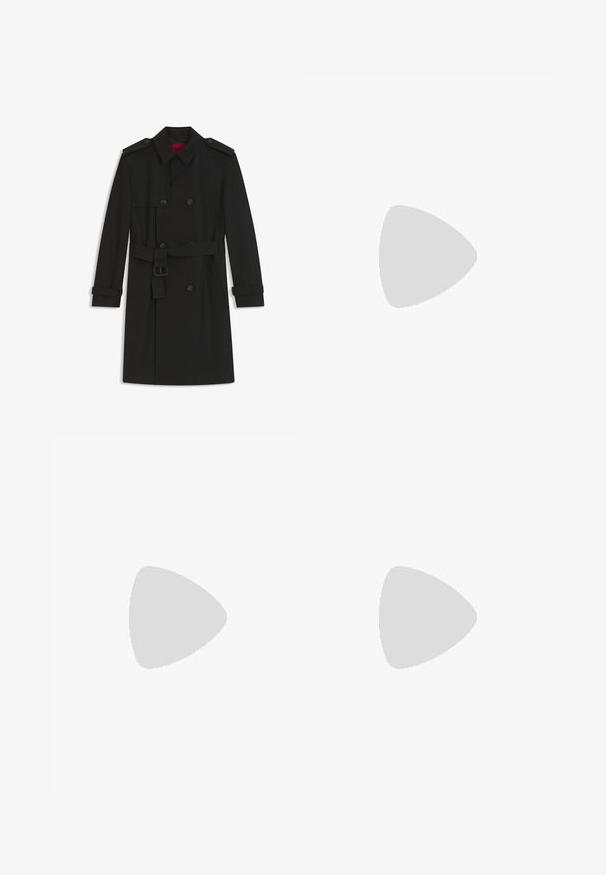 Zwarte dubbelgeknoopte trenchcoat met tailleceintuur, schouderepauletten en gespbanden op de manchetten, plat gelegd op een witte achtergrond.; Navyblauwe pullover met een halve rits bij de kraag, gemaakt van gladde stof; heeft een klein geel geborduurd logo op de borst.; Lichtbeige katoenen broek met een rechte pijpdesign, voorzien van een knoopsluiting aan de voorkant, een ritssluiting en minimale stikdetails.; Zwarte leren loafer zweeft boven een beige tapijt met op de achtergrond een glanzende, ronde, bruine tafel.