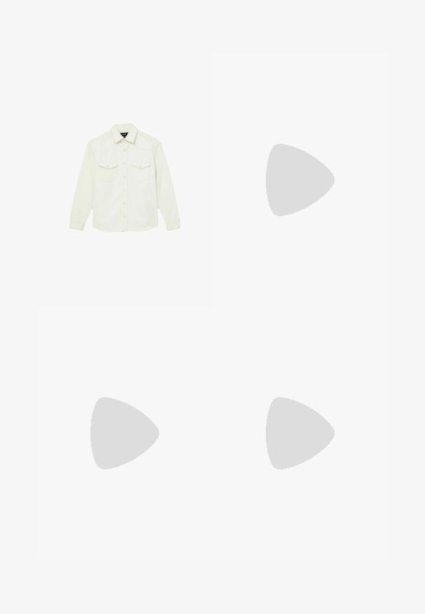 Chemise crème à manches longues avec boutons pression à l’avant, deux poches poitrine à rabat et un col, présentée à plat sur fond blanc.; T-shirt blanc surdimensionné en coton doux et lisse ; présente des manches courtes, un col rond et un design simple et épuré.; Jean en denim bleu clair taille haute à jambes droites avec poches avant et arrière et fermeture par boutons sur fond blanc.; Sneaker en dentelle blanche flottant au-dessus d'un banc en bois avec un feuillage vert en arrière-plan, mettant en valeur le design et la texture de la chaussure.