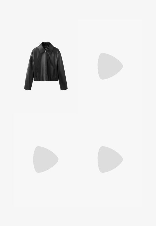 Zwarte cropped neplederen jas met spitse kraag, ritssluiting aan de voorkant en verticale sleufzakken aan beide zijden.; Witte mouwloze tanktop met ronde hals, plat neergelegd op een effen lichte achtergrond, zonder zichtbare patronen of ontwerpen.; Zwarte katoenen shorts met een elastische tailleband, met een gladde textuur en een eenvoudige snit. Geen zakken of versieringen zichtbaar.; Witte Adidas Samba sneaker met zwarte strepen en gumzool, zwevend boven gestructureerde grijze betonnen treden.
