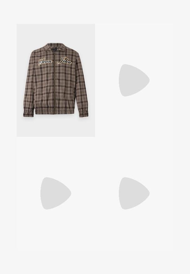 Sean John VINTAGE CHECK - Overgangsjakke - brown/beige; Brun ærmeløs strikket sweater med rund halsudskæring, ribbede kanter og blød tekstur; mærket siger "WEEKDAY".; Brune lige ben bukser med frontfolder, lommer i siden, bæltestropper og en mærke knaplukning i taljen.; Brune læder loafers med en tekstureret, rippet gummisål. Har et slankt design og et dekorativt bånd over vristen.