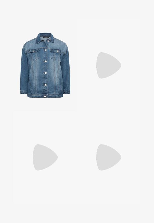 Yours Clothing WASHED OVERSIZED DENIM JACKET - Cowboyjakker - mid blue; Lysblå denimskjorte med sølvfarvede pailletter, lange ærmer, krave, to brystlommer og trykknaplukning. Glat tekstur og detaljeret udsmykning.; Lysblå denimjeans med en afslappet pasform. Har fire lommer, en klassisk knaplukning og minimal falming for en ensartet struktur.; Lyseblå high-top sneaker med stofoverdel, hvid gummisål, snørebånd foran og lille gyldent logo nær anklen på hvid baggrund.