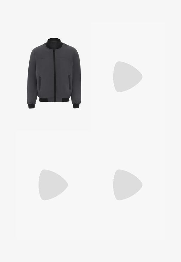 Grau Bomberjacke mit Reißverschluss vorne, gerippten Bündchen und Saum sowie zwei seitlichen Reißverschlusstaschen. Hergestellt aus einem glatten, leichten Stoff.; Weißes Poloshirt aus glattem Stoff, mit einem kurzen Reißverschluss am Kragen und kurzen Ärmeln, im klassischen Schnitt gestaltet.; Dunkelblaue Jeans aus Denim mit geradem Schnitt, fünf Taschen und kontrastierenden Nähten. Verfügbar mit einem Reißverschluss und einem Metallknopf am Bund.; Schwarze Leder-Chelsea-Boots mit elastischen Seitenpaneelen, Zugschlaufe und strukturiertem Gummisohlen für besseren Halt. Schlankes Design und zurückhaltendes Finish.