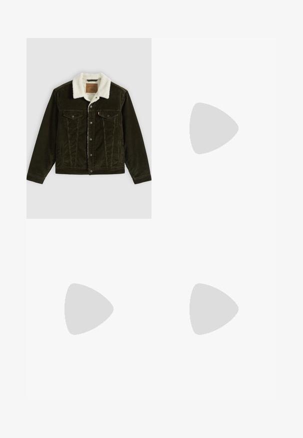 Dunkelgrüne Cordjacke mit weißem Fleece-Kragen, Knopfleiste vorne, zwei Brusttaschen mit Klappen und Seitentaschen vor einfarbigem Hintergrund.; Langärmliges, beige Hemd mit Knöpfen und Kragen, flach liegend dargestellt, mit geschlossenen Knöpfen und Manschetten auf hellem Hintergrund.; Olivgrüne Kordhosen mit geradem Schnitt, vorderem Knopf, Reißverschluss, Gürtelschlaufen und fünf Taschen auf einem weißen Hintergrund.; Ein einzelner dunkelbrauner Lederloafer schwebt über einem beigen, strukturierten Teppich, mit einem unscharfen beigen Sofa im Hintergrund.