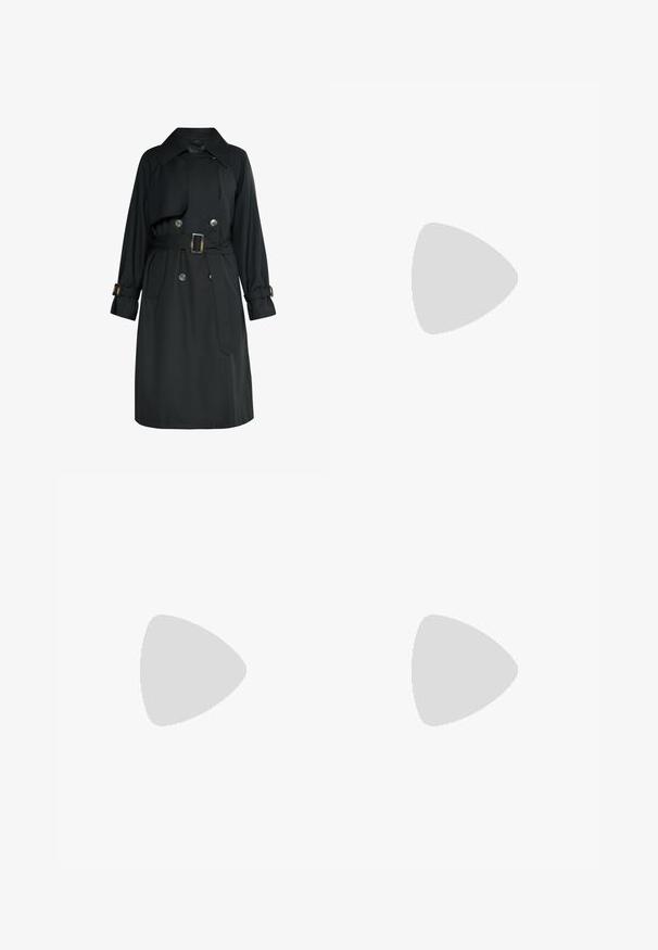 Zwarte dubbelgeknoopte trenchcoat met riem, brede kraag, met knopen gesloten polsbandjes en voorflapdetail, getoond op een witte achtergrond.; Lichtgrijze coltrui met een geribde kraag en zoom, met lange mouwen en een ontspannen pasvorm. Gemaakt van een gestructureerde breisel.; Zwarte knielange rok met een elastische tailleband, voorzien van plooien voor volume en een soepele textuur. Eenvoudig, klassiek ontwerp zonder versieringen.; Simmi London DALA - Klassieke pumps - black