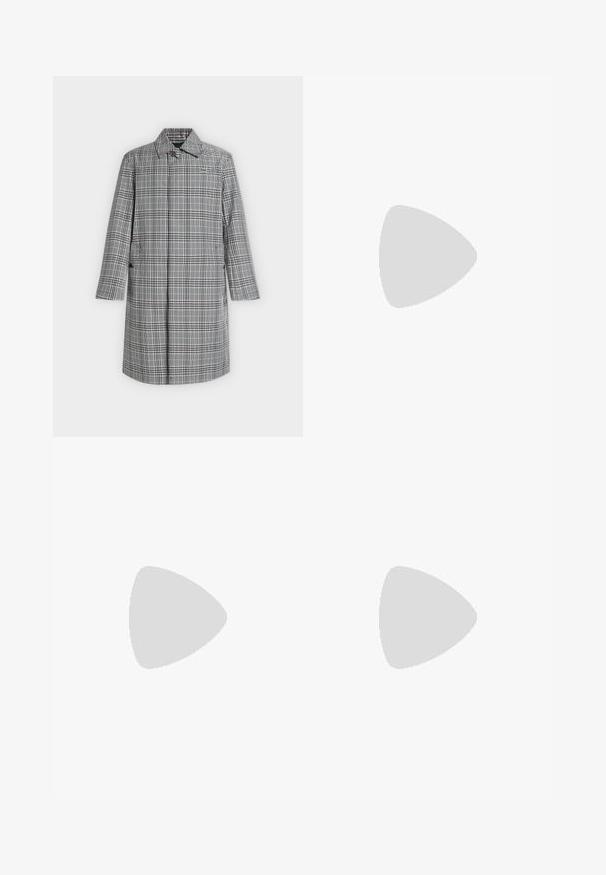 Harmaavalkoruudullinen pitkä takki, jossa on kaulus, napitettava etuosan suljenta, sivutaskut ja pieni krokotiililogo rinnassa.; Värgblockad t-shirt med en krämfärgad kropp och vinröda ärmar, rund halsringning och en liten grön logotyp på bröstet. Tillverkad av bomull.; Vaaleanbeiget collegehousut, jotka on valmistettu puuvillasta. Niissä on joustava vyötärö, ribbireunat sekä vihreä logo, jossa on lehtimuotoilu vasemmassa lahkeessa.; Valkoinen urheilukenkä, jossa on harmaat verkkomateriaalit, tekstuuripinnoitteet, pehmustettu kaulus ja kumipohja, jossa on pieniä pitoispiikkejä.