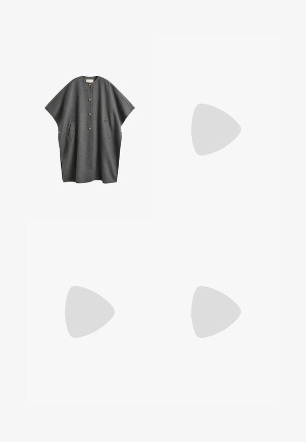 Donkergrijze wollen mantelcape met een ronde halslijn, gouden knopen aan de voorkant, twee voorzakken en zij knoopdetails.; Zwarte poloshirtjurk met korte mouwen, voorzien van een kraag en een gestructureerd patroon van diamanten en cirkels. Knoopsluiting bij de hals.; Zwarte leren kniehoge laars met puntige neus en lage kittenhak tegen een effen lichte achtergrond.; Zwarte rechthoekige Calvin Klein-zonnebril met getinte donkere glazen en slanke pootjes op een witte achtergrond.