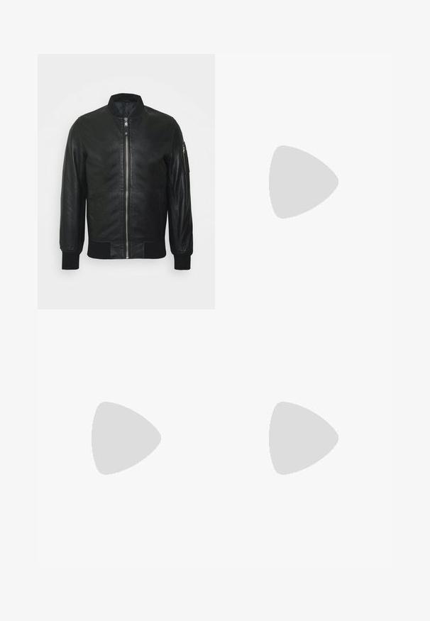 Schwarze Leder-Bomberjacke mit einem vorderen Reißverschluss, gerippten Bündchen und Kragen. Verfügt über eine Seitentasche mit Reißverschluss. Glatte Textur.; G-STAR LASH - T-Shirt basic - GREY; Dunkelblaue Jeans aus Denim mit leichtem Verblassen, Wischeffekten und abgenutzten Details. Klassisches Fünf-Taschen-Design mit Knopfverschluss.; Grüne und braune Sportschuhe aus Wildleder und Nylon, mit schwarzen Schnürsenkeln, einem gemusterten Design und einer Gummisohle.