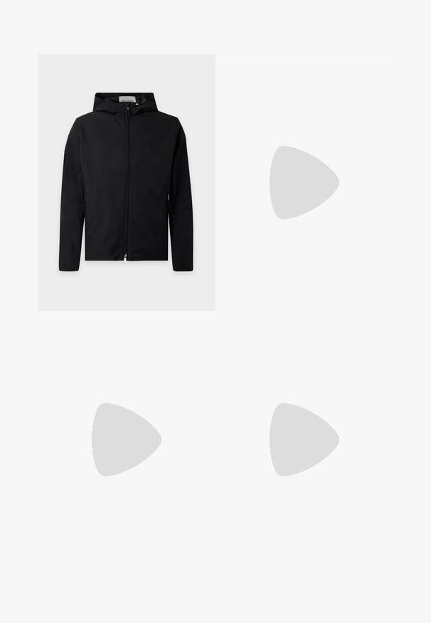 Chaqueta negra con capucha y cremallera, mangas largas y bolsillos laterales, con un logo sutil bordado en el pecho y una etiqueta de Lyle & Scott en el interior del cuello.; Jersey negro de manga larga con cuello redondo y puños y dobladillo acanalados, mostrado sobre un fondo blanco.; Vaqueros de mezclilla azul claro con corte recto, que cuentan con un cierre de botón y cremallera, cinco bolsillos y un desgaste sutil.; Zapatillas de cuero negro con un acabado suave, punta redondeada y cierre de cordones de seis ojales; cuenta con una suela de goma negra para mayor agarre.