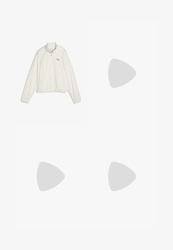 Hvid jakke med fuld lynlås, lange ærmer, elastiske manchetter og kant, stående krave og en lille sort Puma-logo på venstre bryst.; Lysebeige bomuld t-shirt med korte, brede ærmer og rund hals. Har en lille hvid logo på brystet. Blød tekstur.; Beige vidde trackpants med elastisk talje, sorte buede sidelommer, hvide piping og lille Puma-logo på højre lår.; Grønne ruskind sneakers med hvide læderdetaljer, struktureret syning, snørelukning og gummisål. Har unikke designfunktioner langs siderne.