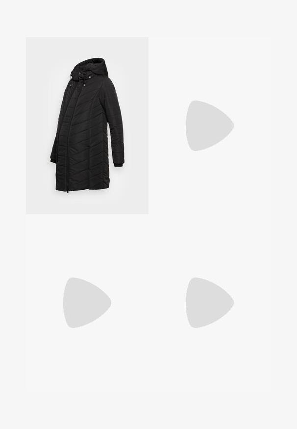 JoJo Maman Bébé LONGER PUFFER - Korte frakker - black; Sort pullover kjole med hætte, lange ærmer og cropped design. Fremstillet af blødt stof med en glat tekstur og ribbede manchetter.; Puma MAYU MIX  - Sneakers - white/marshmallow; Sølv hoops øreringe med en glat, reflekterende overflade. Rund, stor form med en sikker lås øverst. Den polerede finish fremhæver glansen.