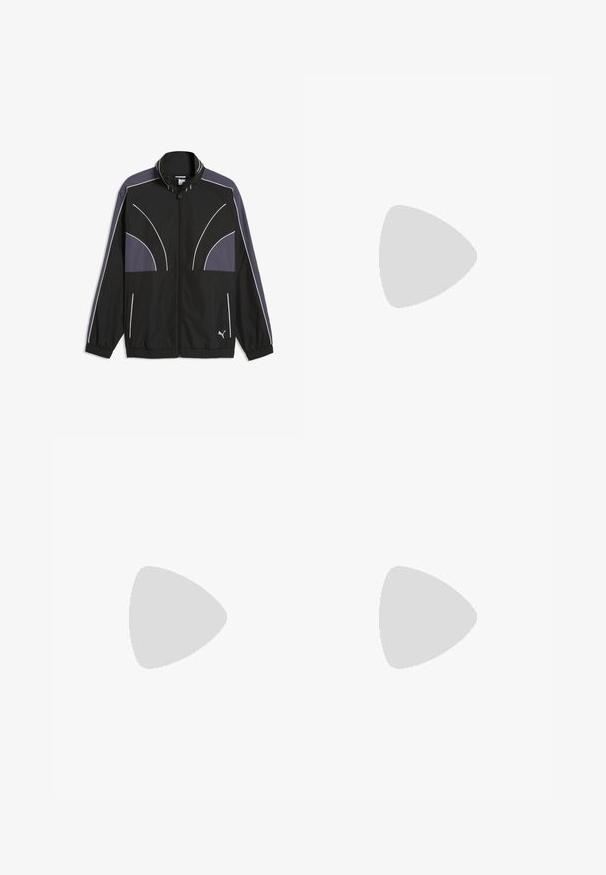 Schwarze Puma Trainingsjacke mit grauen Einsätzen, weißen Paspeln, durchgehendem Reißverschluss, elastischen Bündchen und Saum sowie Puma-Logo vorne unten.; Schwarzes Puma-Sport-T-Shirt mit kurzen Ärmeln, weißem Logo, roten Akzenten entlang der Schultern und einem V-Ausschnitt. Hergestellt aus leichtem Material.; Schwarze und graue Puma-Trainingshose mit dezentem geometrischem Muster und elastischem Taillenbund, mit weißem Puma-Logo am rechten Oberschenkel.; Schwarzer und neongrüner Puma Laufschuh mit strukturierter Sohle und gebrandeten Seitendetails, im Profil auf weißem Hintergrund gezeigt.