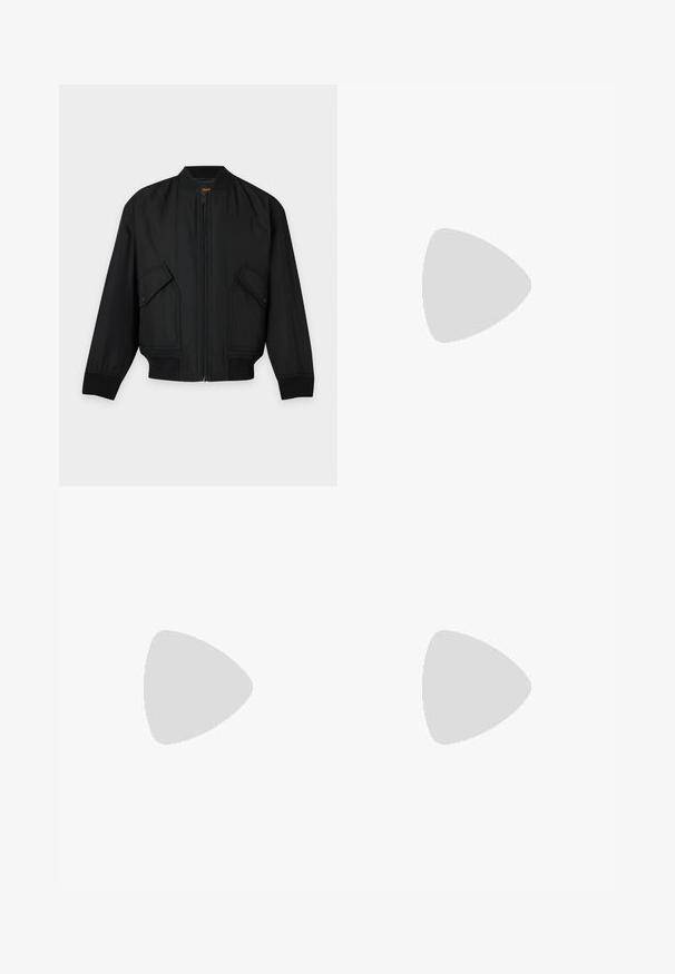 Zwarte bomberjas met ritssluiting aan de voorkant, klepzakken met drukknopen, geribde manchetten en tailleband, plat gelegd op een lichte achtergrond.; Grijze crewneck sweater van zacht breisel. Heeft lange mouwen en ribgebreide boorden en onderkant. Minimalistisch design zonder zichtbare logo's.; Blauwe rechte denim jeans met vijf zakken, riemlussen en knoopsluiting, weergegeven tegen een witte achtergrond.; Zwarte leren herenslipper met moc-toe ontwerp, pennestrook en lage hak op een neutrale achtergrond.