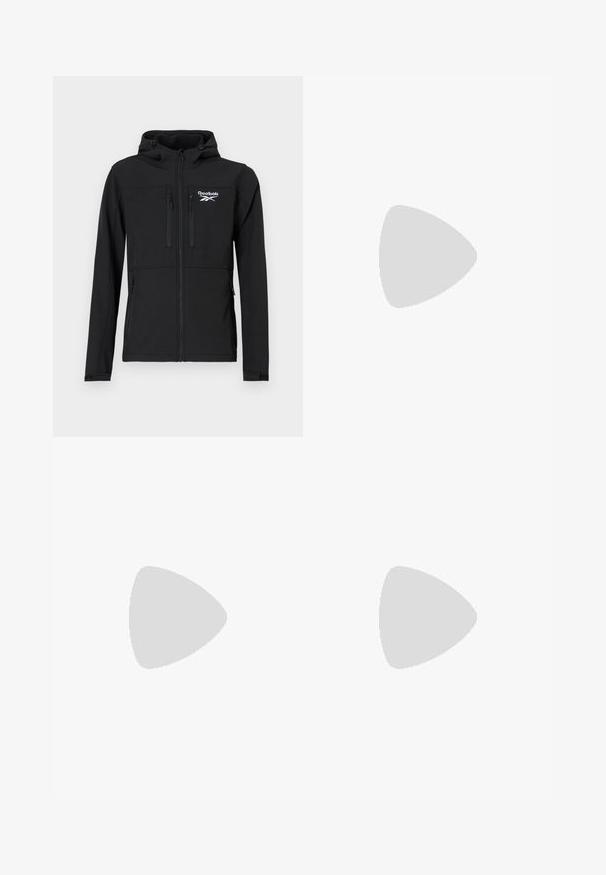 Sort Reebok hættetrøje med frontlynlås, to lynlåslommer på brystet, to lynlåslommer i siden og logo på venstre bryst.; Rød bomulds T-shirt med et grafisk motiv af en basketball, en sneaker og teksten "ARBEJD HÅRD DRØM STORT." Designet indeholder sorte og orange detaljer.; Sorte denimjeans med en slim fit, fem lomme-design og en glat overflade. Har metallisk hardware og diskrete syninger.; Sort sneaker med en glat tekstiloverdel, kontrasterende brune syninger, rund tå, snørebåndslukning og en tyk gummi-sål for bedre traction.