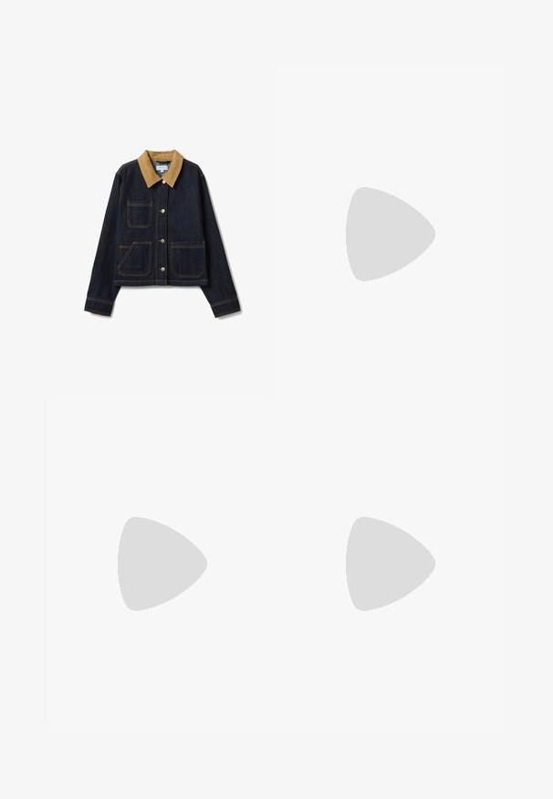 Jeansjacke mit einem beigen Cord-Kragen, vier Fronttaschen, dunkelblauem Stoff und sichtbaren Nahtdetails. Vorderseite mit Knopfleiste.; Jeanshemd, hellblau, langärmlig, Knopfleiste vorne, Kragen, eine Brusttasche, kontrastierende Nähte und ein lässiger Schnitt.; Dunkelblaue gerade geschnittene Denim-Jeans mit fünf Taschen, orangefarbenen Nähten und einem Knopfverschluss.; Lauren Ralph Lauren JANSON II ACTION LEATHER SNEAKER - Sneaker low - real white