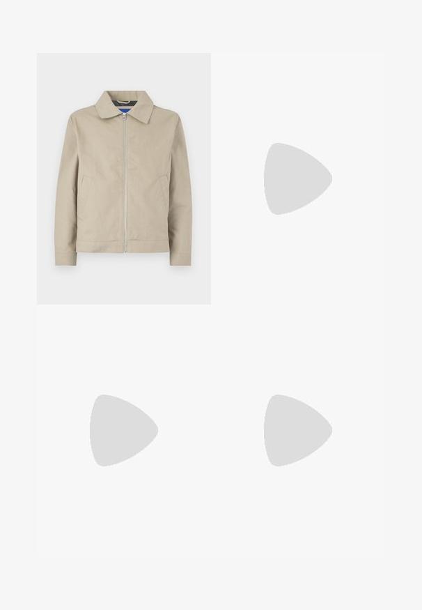 Beige, leichte Jacke mit Kragen, Reißverschluss vorne und seitlichen Taschen. Hergestellt aus glattem Stoff, mit einem klaren, minimalistischen Design.; Weißes T-Shirt mit kurzen Ärmeln aus Baumwolle. Rundhalsausschnitt, lockere Passform, dezentes Branding auf der Brust und ein rotes Etikett am Saum.; Olivgrüne Kordhosen mit geradem Schnitt, vorderem Knopf, Reißverschluss, Gürtelschlaufen und fünf Taschen auf einem weißen Hintergrund.; Schwarze Lederloafer mit abgerundetem Zeh, farblich abgestimmtem Nähen und einem Riemendetail an der Vorderseite. Gummi-Sohle mit niedrigem Absatz.