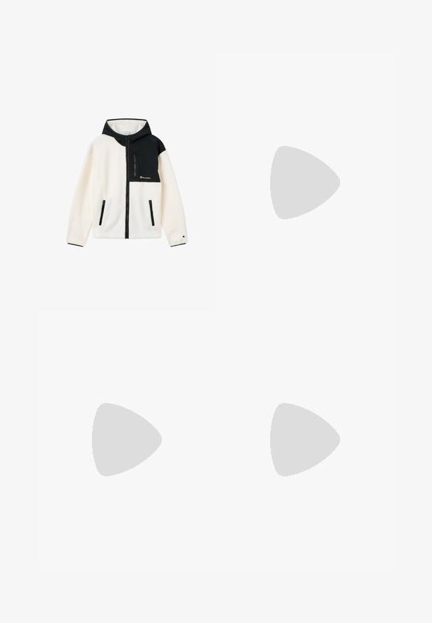 Chaqueta de forro polar con cremallera blanca y negra con capucha, dos bolsillos delanteros con cremallera y pequeño logo bordado de Champion en el pecho y la manga.; Camisa de manga larga de algodón color crema. Presenta un pequeño logotipo verde de "FILA" en el pecho y un diseño de cuello redondo con puños acanalados.; Pantalones casuales negros con cintura elástica y pequeño logo blanco de ellesse en la parte superior del muslo izquierdo, mostrados planos sobre fondo blanco.; Zapatillas de cuero blanco con el swoosh negro de Nike, cordones planos y suela de goma texturizada. Punta redondeada y cuello acolchado para mayor comodidad.