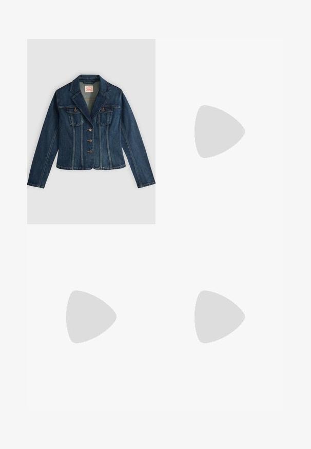 Mørkeblå denimjakke med lange ærmer, tre knapper foran, to brystlommer og en hakket krave, lagt fladt på en lys baggrund.; Mørkeblå denimskjorte med lange ærmer, knaplukning fortil, to brystlommer med klapper og kontrasterende gule sømme.; Bredde ben mørkeblå denim jeans med høj talje, der har snoretræk, fem lommer og kontrastsyet detaljer.; Denim cowboy støvle, lys blå, spidse tæer, udskårne detaljer med trekantede former, lav skridttabel, tekstureret finish.