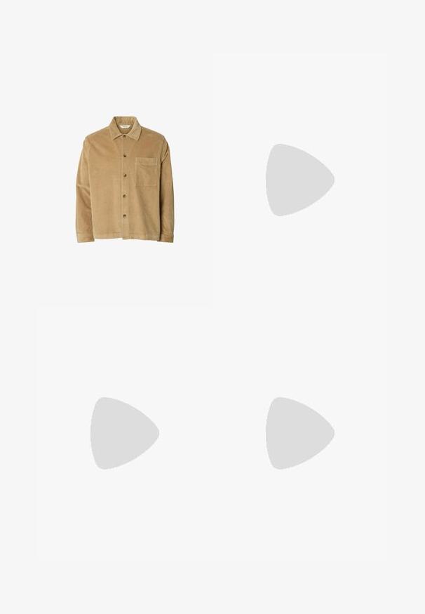 Camisa de pana de manga larga de color marrón claro, con cuello, cierre de botones en la parte delantera y un único bolsillo en el pecho en el lado izquierdo.; Camiseta blanca lisa de manga corta con cuello redondo y corte holgado mostrada sobre un fondo blanco.; Pantalones verde oliva con cintura de cordón, diseño de pierna recta, textura de tela suave y una etiqueta de logo sutil en el frente.; Zapatillas de cuero beige con parte superior de ante texturizado, caja de dedos perforada y suela de goma. Presenta un diseño minimalista y un logotipo en el talón.