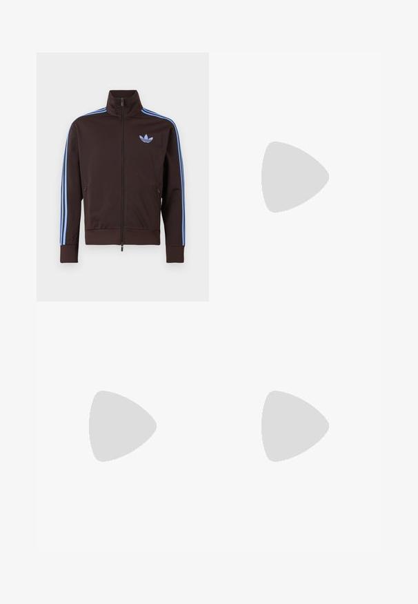 Braune Trainingsjacke mit Reißverschluss, hellblauen Adidas-Streifen an den Ärmeln und Trefoil-Logo auf der Brust, hohem Kragen und seitlichen Reißverschlusstaschen.; Braunes, geripptes Crop-Top mit kurzen Ärmeln, rundem Ausschnitt und einem strukturierten Saumband am unteren Rand mit einem dezenten Logomuster.; adidas Originals COW PRINT SATIN WIDE LEG - Jogginghose - multicolor off white; Brauner Wildledersneaker mit weißen Streifen und silbernen Akzenten, mit strukturierter Oberseite, Schnürdesign und Sohle aus Kautschuk in Kaugummifarben.
