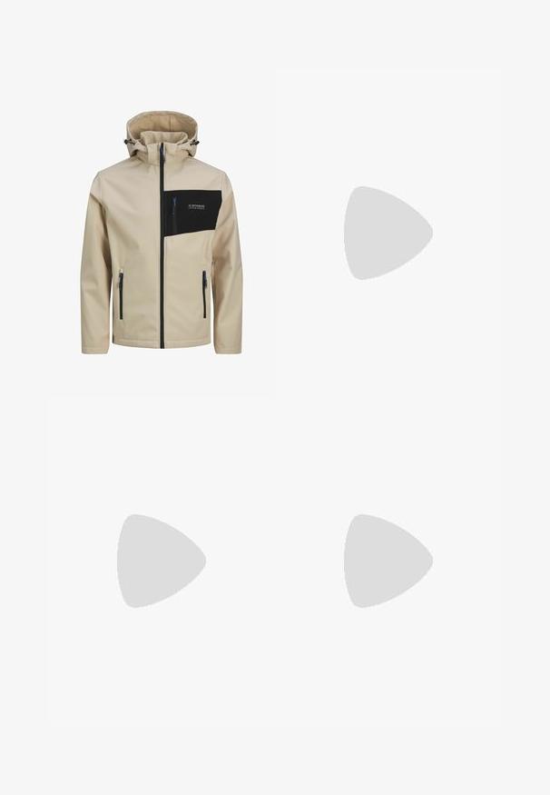 Beige takki mustalla rintataskulla, jossa on vetoketjusulku, säädettävä huppu ja siniset yksityiskohdat vetoketjuissa ja naruissa.; Tummaharmaa fleece-huppari, jossa on tekstuuri pinta, kengurupussitasku sekä ribatut hihansuut ja helma. Rinnassa on pieni logo.; Vihreät puuvillajoggerit, joissa on elastinen vyötärö, nauhakuja, ribatut hihansuut ja useita sivutaskuja. Sujuva ja kestävä rakenne.; Vaaleanruskeat korkeavartiset lenkkitossut, joissa on teksturoitu pinta, erottuva musta ulkopohja ja oranssit yksityiskohdat. Varustettu nauhoituksella ja pehmustetulla kauluksella tuen lisäämiseksi.