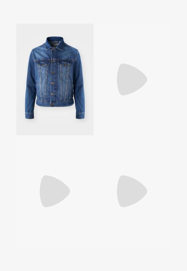 Chaqueta de mezclilla azul con cierre de botones en la parte delantera, dos bolsillos en el pecho y un cuello clásico. La tela tiene una textura ligeramente descolorida.; Camiseta gris de manga corta hecha de una mezcla de algodón, con un clásico cuello redondo y una textura lisa y suave.; Jeans de mezclilla azul con corte recto, que presentan detalles descoloridos, diseño de cinco bolsillos y cierre de botón en la cintura.; Zapatillas de lona blanca con detalles en ante azul marino y gris. Cuenta con suela de goma color goma, punta redondeada y un diseño clásico con cordones.