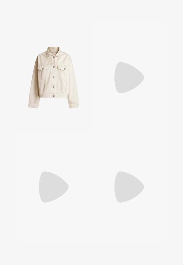 Cremefarvet denimjakke med krave, knapfront, to brystlommer og en cropped silhuet. Har sølvfarvede knapper og lange ærmer.; Lyseblå, kortærmet skjorte med knapper og krave, enkelt brystlomme og ærmer med rulleflap. Fremstillet af et struktureret stof.; Blå høj-taljede vide jeans med frontknap og lynlås, bæltestropper og fem-lomme design, vist på hvid baggrund.; Hvide lærreds sneakers med en struktureret espadrille sål, broderet RL-logo på siden og traditionelle runde snørebånd.