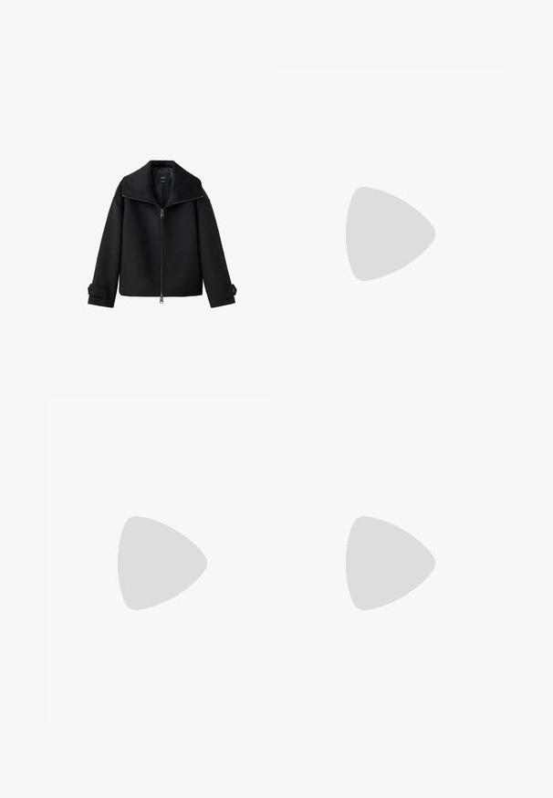 Veste noire zippée avec col large et poignets à boutons, présentée sur fond blanc.; T-shirt blanc à manches courtes, coupe carrée, en coton doux. Présente un col rond et des manches larges, avec un design épuré et simple.; Jean en denim gris vu de dos avec deux poches arrière, passants de ceinture et une coupe légèrement fuselée.; Baskets en imprimé léopard avec un matériau en suède, lacets rouges et trois rayures blanches sur le côté. Présente une languette de couleur crème et une semelle marron.