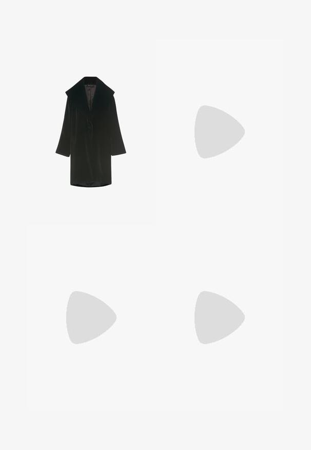 Luisa Spagnoli SADALI - Abrigo corto - nero; Blusa de encaje negro de manga larga con escote redondo, dobladillo festoneado y detalle de ojal en la parte trasera. Patrón floral delicado en toda la prenda.; Falda negra hasta la rodilla con cintura elástica, con pliegues para dar volumen y una textura suave. Diseño simple y clásico sin adornos.; Bota alta de cuero negro con cordones, suela gruesa y puntera redonda, diseñada tanto para estilo como para durabilidad.