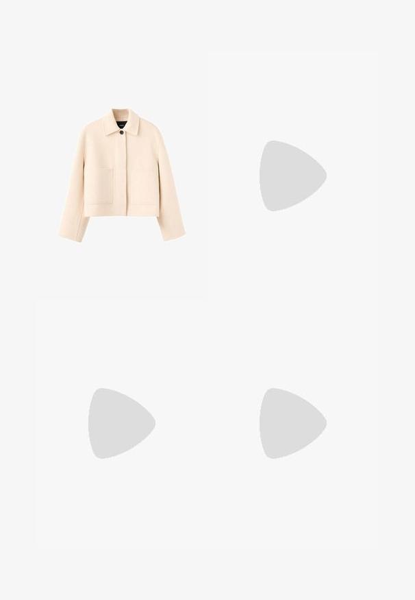 Veste courte de couleur crème avec manches longues, col large, fermeture devant à boutons et deux grandes poches frontales.; Haut court blanc sans manches à encolure ronde avec épaules larges et étiquette noire "B6" à l'intérieur du col.; Pantalon en denim blanc à jambes larges avec taille haute, deux poches avant et des accents dorés subtils. Texture lisse, design décontracté.; Baskets en cuir blanc avec des rayures noires, semelle extérieure en caoutchouc beige, bout rond, fermeture lacée et embout en suède gris doux.