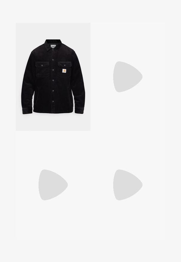 Black corduroy jacket featuring two chest pockets with flaps, a button closure, and a logo patch on the left pocket. Textured fabric.; White cotton t-shirt with short sleeves and crew neckline. Features large "carhartt" logo in dark brown across the chest.; Black slim-fit jeans with front button closure and five-pocket design, displayed against a plain light gray background.; Black suede shoes with a rounded toe design, a lace-up front, and a textured black rubber sole. Smooth upper with subtle stitching detail.