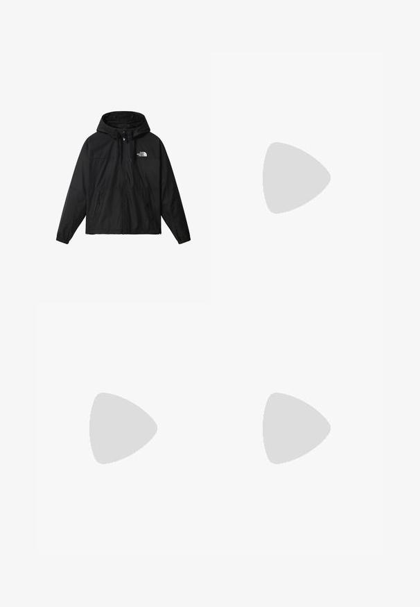 Lette sort jakke med hætte, lynlås foran, to sidelommer og justerbare snore. Har et logo på venstre bryst.; Mørkegrå crewneck sweatshirt lavet af en bomuldsblanding. Har ribbenhalsudskæring og manchetter samt et lille hvidt logo på brystet.; Grå sweatpants med elastisk talje og snøre. Stoffet er blødt, og de har elastiske manchetter ved anklerne samt et logoaccent.; Sorte og grå atletiske sko med refleksive sølvdetaljer, teksturerede mesh-paneler og lysegule detaljer. Snørebåndsdesign med struktureret sål.