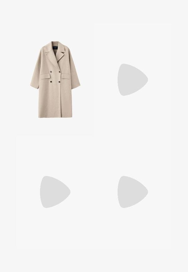 Beige dubbelgeknoopte wollen jas met brede revers, twee voorflapzakken en zwarte knopen, afgebeeld op een witte achtergrond.; Lichtblauwe trui in een gestructureerde stof, met driekwart mouwen en een brede ronde halslijn, voorzien van een effen tailleband aan de onderkant.; Off-white wijde broek met steekzakken aan de voorkant, lussen voor een riem en zilveren knopen op de tailleband en de randen van de zakken.; Witte leren sneakers met zwarte strepen, gumrubberen buitenzool, ronde neus, vetersluiting en een zachte grijze suède neuskap.