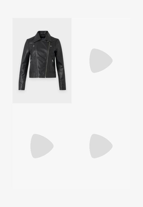 Chaqueta corta de cuero negro con cuello, diseño ajustado, detalles de costura y puños con cremallera. Textura suave, estilo clásico de motocicleta.; Top negro asimétrico de mangas largas con un cuerpo ajustado y un detalle de nudo en el costado, hecho de una tela suave y elástica.; Pantalones de imitación cuero negros con un ajuste slim, que cuentan con un cierre de botón en el frente, dos bolsillos delanteros y un dobladillo ligeramente acampanado en la parte inferior.; Bota de cuero negro para el tobillo con puntera puntiaguda y tacón de aguja alto sobre una acera de baldosas y fondo de suelo asfaltado.