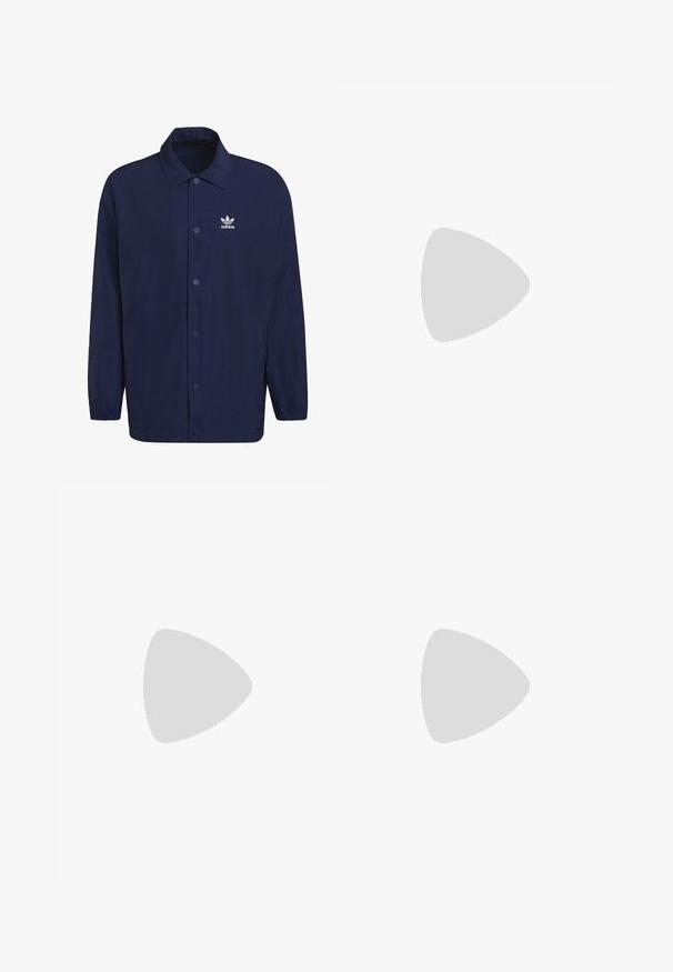 adidas Originals Chaqueta de entretiempo - blue; Camiseta blanca de manga corta hecha de algodón. Presenta un cuello redondo y un ajuste holgado. Textura suave, diseño minimalista, sin patrones ni adornos.; Pantalones sudadera azul marino con cintura elástica y puños ajustados, confeccionados en tela suave, sin patrones ni herrajes visibles.; Bota de cuero negro de tobillo con ojales dorados, acentos marrones y suela de goma. Presenta un cuello acolchado y un logotipo en relieve en el costado.