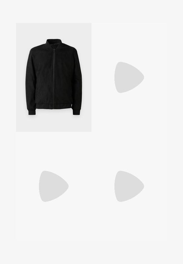 Veste bomber noire avec fermeture éclair, col et poignets côtelés, et texture lisse. Fabriquée dans un matériau durable et doux.; T-shirt blanc uni à manches courtes et col rond, avec une petite étiquette de marque à l'intérieur du col, présenté sur un fond blanc.; Pantalon noir à coupe droite. Fabriqué en tissu lisse avec une fermeture à bouton à l'avant et des passants de ceinture. Sans motifs ni accents visibles.; Baskets blanches avec des accents noirs et gris, présentant un embout texturé gris, une semelle en caoutchouc noir et des lacets plats blancs. Design épuré, style minimaliste.