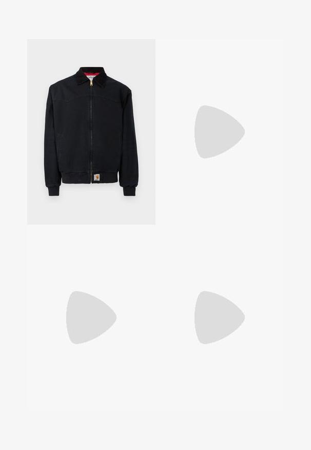 Sort arbejdsjakke med lynlås, ribstrikkede manchetter og kant, fløjlsagtet krave, sidelommer og lille Carhartt-logo på frontens kant.; Sort polo i langærmet med to knapper, ribstrikkede manchetter og kant, samt et lille hvidt Carhartt-logo på venstre bryst.; Lysebrune fløjlsbukser i bred ben-design, med knap- og lynlåslukning, fem lommer og en blød, ribbet tekstur.; Bordeaux lædersko med brune gummisåler, rund tå, hvid syning og gyldne snøringer. Indersiden har et gult for.