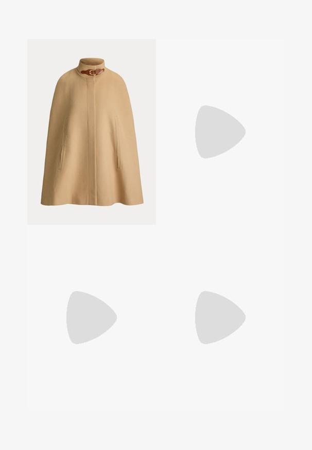 Capa de lana beige con cuello alto y correa de hebilla de cuero marrón, con dos bolsillos verticales con abertura en la parte delantera.; Vestido negro con estampado floral, mangas largas, cintura fruncida y falda de volantes. Presenta un patrón floral colorido y una textura de tela suave.; Chie Mihara KAYLA - Tacones - sucre choco/kimera leche; Bolso de cuero marrón con asa superior y cierre giratorio redondo de oro en la solapa frontal, sobre un fondo blanco.