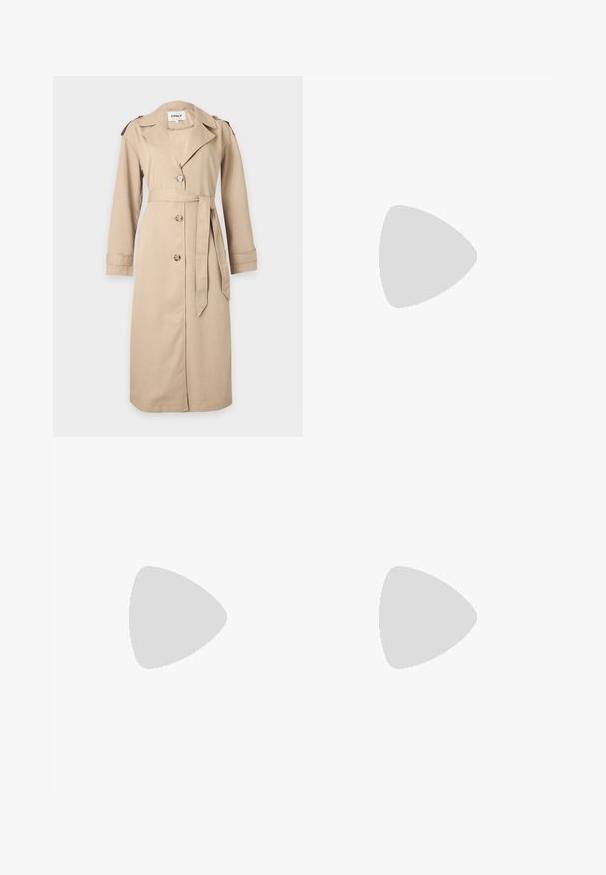 Beež pikk trentšmantel lakitud kraega, ees kolm nööpi, sobiva kangast vöö ja pikad varrukad mansettidega.; Beige lühikese varrukaga t-särk, mis on valmistatud pehmest puuvillast, ümarate kaelustega ja lõdva istuvusega, millel on peen tekstuur.; Hele sinised kõrge vöökohaga sirge säärega teksapüksid ees nööbi- ja tõmblukkudega ning viie taskuga valgel taustal.; Valge madala säärega tennari paelaga disainiga, sileda nahast pealse, peente õmmeldud paneelidega ja helepruuni kummist tallaga.