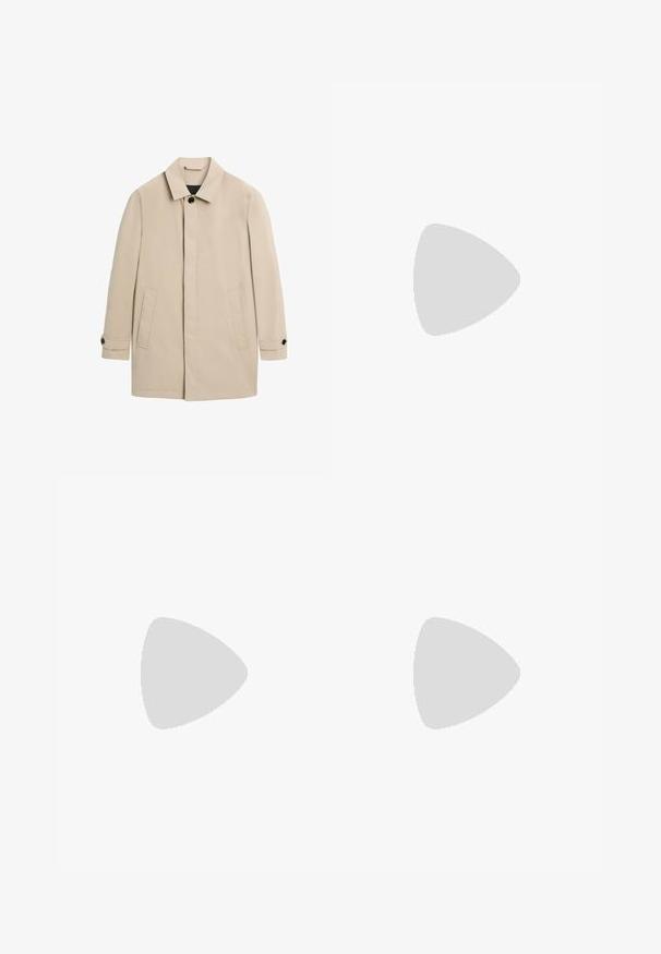Manteau beige pour homme à simple boutonnage avec col, deux poches avant et poignets boutonnés, présenté sur fond blanc.; Cardigan en maille crème à manches courtes avec texture gaufrée, boutonné devant et col, posé à plat sur fond blanc.; Pantalons larges gris clair avec une texture lisse, dotés de plis à l'avant, d'une fermeture à bouton et de poches latérales.; Mocassin en cuir noir avec une large sangle sur le devant, semelle en caoutchouc à épaisse rainure, et texture lisse. Design classique et élégant.