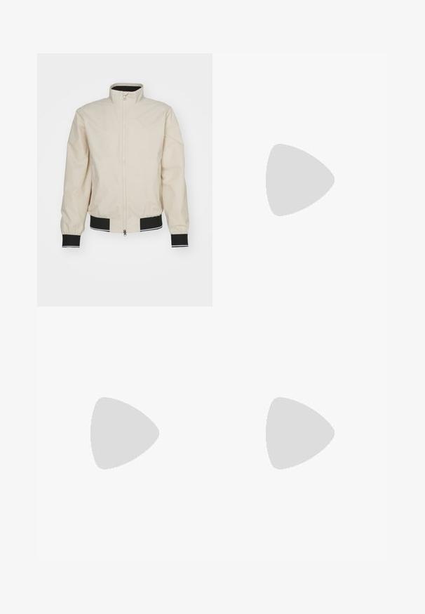 Chaqueta bomber de color beige claro con un cuello alto, cierre de cremallera, puños y dobladillo de canalé negros con franjas blancas. Material suave y ligero.; Camiseta blanca de manga corta con cuello redondo y pequeño texto rojo "MICHAEL KORS" centrado en el pecho.; Pantalones de chándal negros fabricados en un tejido suave, con cintura ajustable mediante cordón, diseño de pierna acampanada y paneles de malla a lo largo de los lados.; Zapatilla blanca de perfil bajo con panel lateral texturizado, cuello acolchado, cierre delantero con cordones y marca "Filling Pieces" en el borde de la suela.