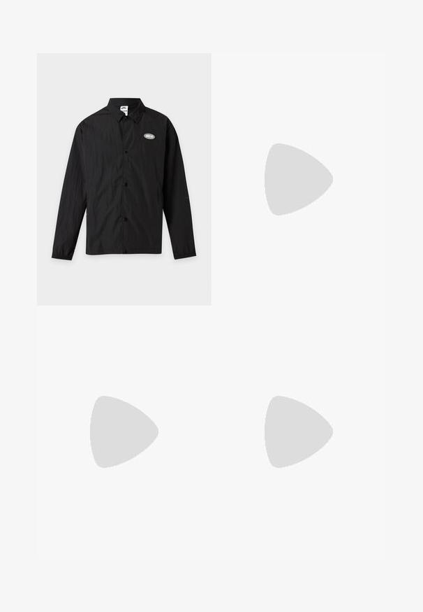 Čierna ľahká bunda na gombíky s dlhými rukávmi, golierom a malým bielym logom "Nike SB" na ľavej strane hrude.; Biele tričko s krátkym rukávom s čiernym obrysom loga "Dickies" napísaným na hrudi, jednoduché pozadie.; Čierne ľahké cargo nohavice s elastickým pásom, bočnými zipsami a priestrannými vreckami. Majú voľný strih a zúžené manžety.; Čierna športová obuv s hornou časťou z mikrovlákna, polstrovaným golierom a výraznou tlmiacou technológiou na päte. Má textúrované detaily a šnúrky.