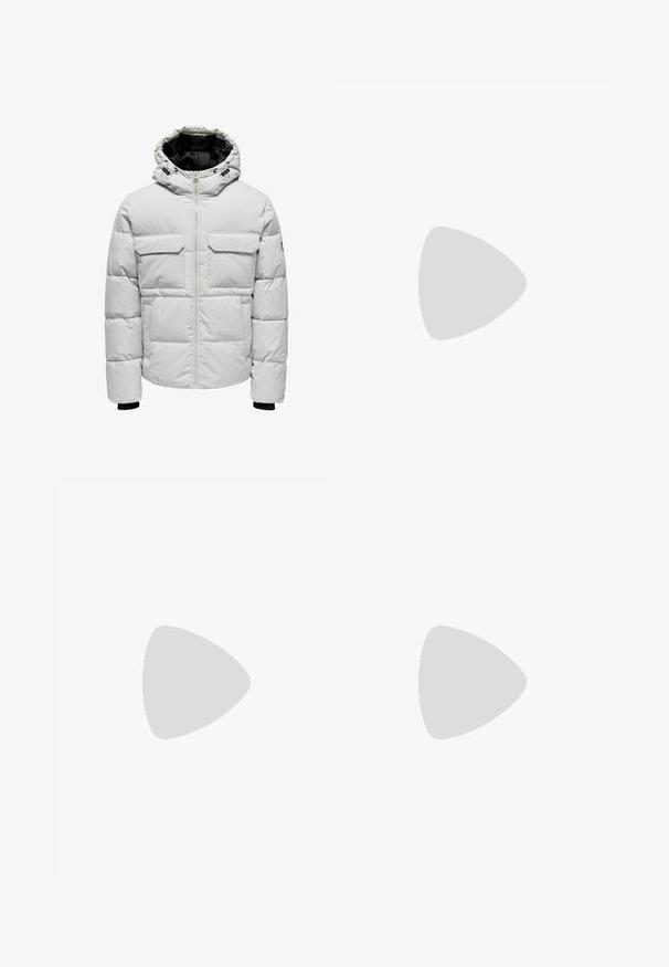 Light grey puffer jacket with hood, front zipper, two chest flap pockets, and two lower side pockets, showing black inner lining and cuffs.; Black cotton t-shirt featuring a front design of two koi fish in white, round accents, and Japanese characters above them. Short sleeves, relaxed fit.; Black trousers made of smooth fabric, featuring a straight-leg design, two front pleats, and standard waistband with belt loops.; White sneaker with black and gray accents, featuring a textured gray toe cap, black rubber sole, and flat white laces. Clean design, minimalist style.