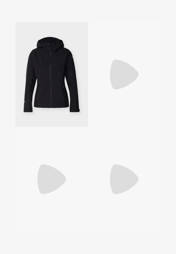 Veste softshell noire à fermeture éclair avec capuche, manches longues, poches zippées sur les côtés et les manches, présentée sur un fond clair uni.; T-shirt de sport gris clair à manches courtes avec un col rond, une texture lisse et des fentes latérales pour faciliter les mouvements. Présente un logo sur la poitrine.; Cuissard de cyclisme noir avec siège rembourré et larges bretelles, taille petite, présenté sur un fond gris clair.; Des ballerines noires en suède, avec une semelle en caoutchouc et des lacets entrecroisés. Présentant un bout rond et une accent latéral texturé.