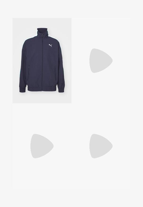 Marinejakke med høj krave, frontlynlås, sidelommer og kontrasterende hvide og mintgrønne striber på skuldrene. Har logo accent.; Kortærmet sort og grå sportstrøje med et tribal-lignende mønster og et lille hvidt Puma-logo på forsiden.; Sorte denim jeans med lige pasform, der har fem lommer, brun syning og lynlåslukning. Glat tekstur og holdbart materiale.; Røde ruskindsnikers med hvide accenter, der har struktureret materiale, rund tå og et guld logo på siden, båret med sorte bukser.