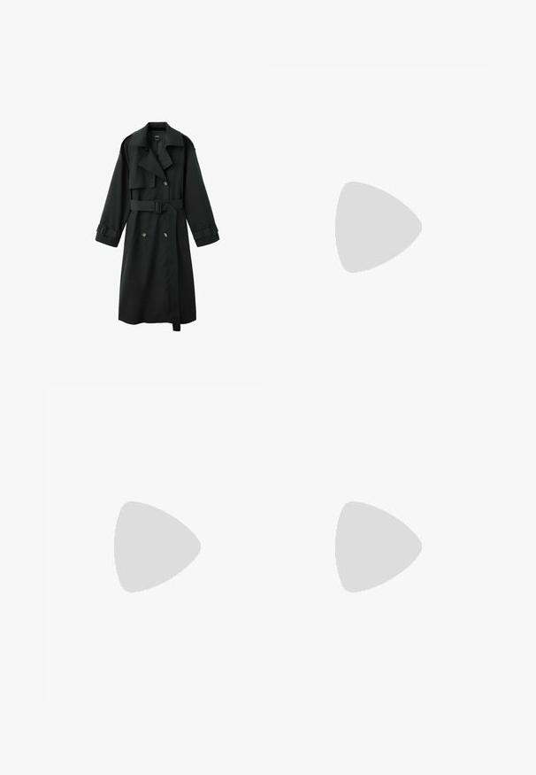 Zwarte lange trenchcoat met brede kraag, dubbele rij knopen aan de voorkant, riem in de taille en gespsluitingen aan de manchetten, afgebeeld op een witte achtergrond.; Zwarte haltertop zonder mouwen met een ceintuur in de taille, een v-vormige voorhals en een wijd uitlopende onderkant.; Zwarte kokerrok met een gladde textuur, getailleerde pasvorm en verticale plooien bij de taille, ontworpen voor een slanke silhouette.; Zwarte kniehoog laars gemaakt van glanzend synthetisch materiaal. Heeft een puntige neus, stilettohak en een grote strikdetail aan de zijkant.