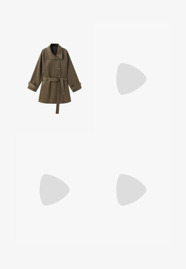 Trench-coat vert olive ceinturé avec grand col, trois boutons sur le devant, manches longues avec poignets boutonnés et poches latérales.; Chemise brune à boutons, fabriquée en tissu léger. Présente un col classique, des manches longues avec des poignets retournés et un ourlet arrondi.; Jean noir à jambes larges, poches avant et fermeture par bouton, étiquette de taille 38 visible à la ceinture.; Baskets Adidas noires avec des bandes blanches et une semelle en gomme flottant au-dessus d'escaliers en béton gris sous une lumière naturelle.