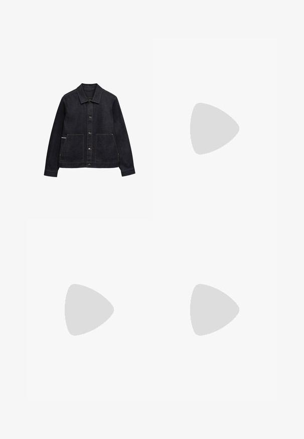 Schwarze Denimjacke mit Knopfleiste vorne, zwei großen Vordertaschen, langen Ärmeln und einem klassischen spitzen Kragen.; Langärmeliges weißes T-Shirt aus weicher Baumwolle, mit rundem Ausschnitt und glatter Textur ohne sichtbare Muster oder Akzente.; Dunkelblaue Jeanshosen mit lockerem Sitz, goldfarbenen Nähten, vorderem Knopfverschluss und zwei seitlichen Taschen.; Lederarbeitsstiefel in Tan mit schwarzem gepolstertem Kragen, goldenen Ösen und braunen Gummisohlen. Mit kontrastierenden Nähten und einem Logo an der Seite.