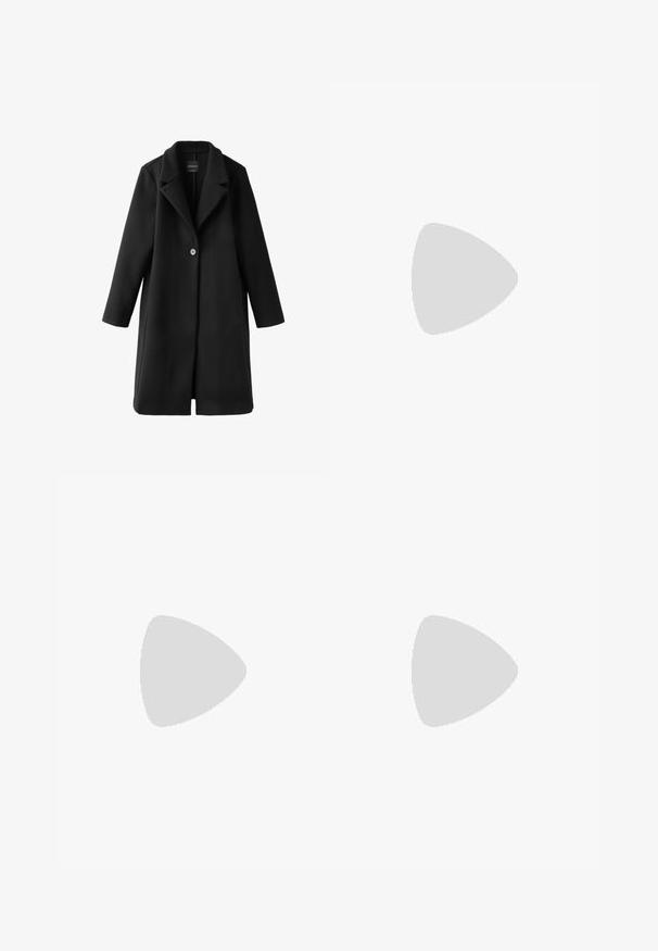 Sort enkelt-knap langt uldfrakke med brede revers og lige ærmer, vist fladt på en hvid baggrund.; Stripet pullover sweater i creme og mørkebrun. Ribstrikket rund hals, lange ærmer og en kortet kant. Blød tekstur med en afslappet pasform.; Sorte vidde bukser lavet af glat stof, med en frontknaplukning og to plissee for ekstra detaljer. Skræddersyet design i det hele taget.; Sorte knælange støvler med hæl lavet af glat læder. Har en afrundet tå og chunky blokhæle, med minimal syning.