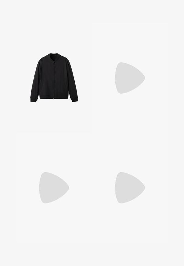 Schwarze Bomberjacke mit Frontreißverschluss, geripptem Kragen, Bündchen, Saum und zwei Seitentaschen, auf weißem Hintergrund dargestellt.; Autograph T-Shirt basic - white; Schwarze Shorts aus strukturiertem Stoff, mit lockerer Passform, Falten und einem elastischen Bund für zusätzlichen Komfort.; Schwarzer Lederloafer, der über einem glänzenden silberfarbenen, gesteppte Ledersofa in einer minimalistischen Umgebung schwebt.