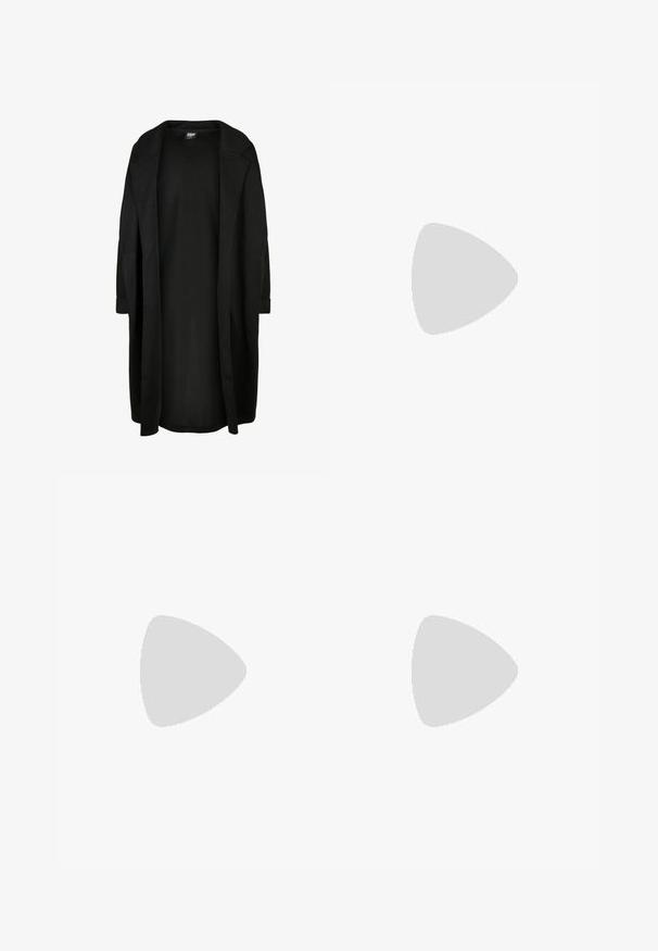 Urban Classics MODAL TERRY OVERSIZED  - Klassischer Mantel - black; Schwarzes, geripptes, ärmelloses Oberteil mit hohem Kragen, das ein figurbetontes Design und einen strukturierten Stoff aufweist.; Schwarze Lederleggings mit einer taillierten Passform, glatter Textur und hoher Taille. Die Beine verjüngen sich bis zur Knöchellänge, ohne sichtbare Hardware.; Schwarzer Slingback-Pumps aus Lackleder mit spitzer Kappe und verstellbarem Schnallenriemen vor weißem Hintergrund.